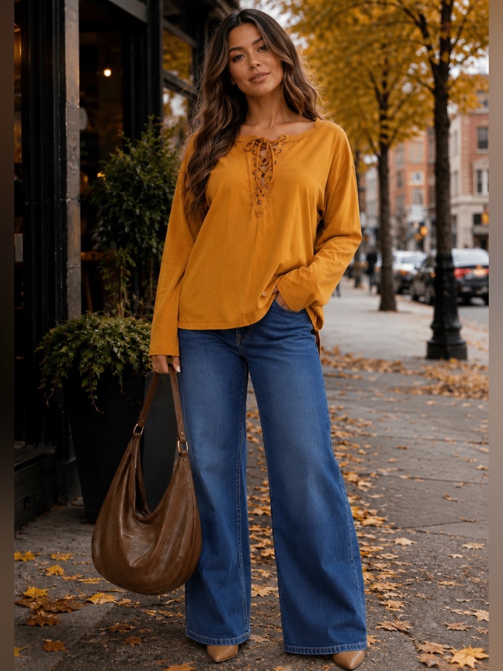 B815. Stylish Chic Lace Up Long Sleeve Top in Mustard